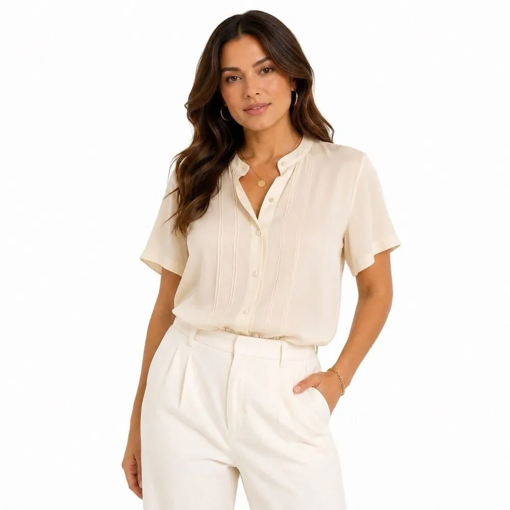 Rena Rowan 100% Silk Button Front Short Sleeve Blouse Cream Ivory Size 10